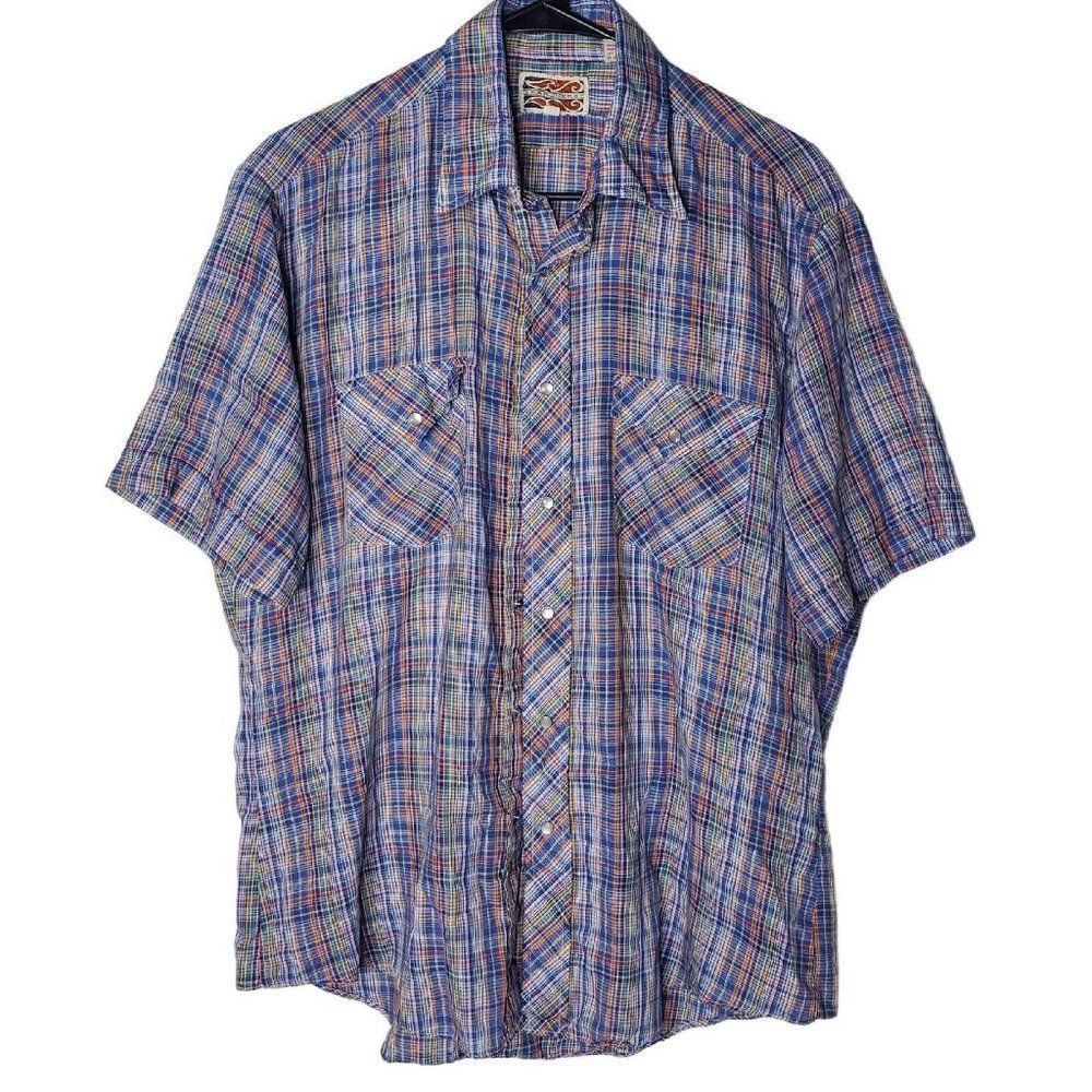 Vintage Short Sleeve Mens Pearl Snap Western Shirt Size L Plaid 1970s Thin Blue